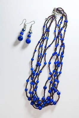 Lapis Lazuli 蓝色玻璃白色奥地利水晶耳环和项链套装 TGW 135 — 第 1/4 张图片