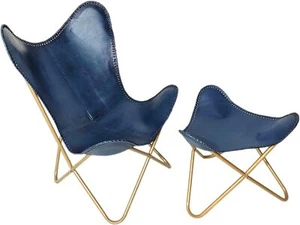 Handmade Blue Leather Butterfly Chair With Footstool Foldable Relax Arm Chair - Picture 1 of 5