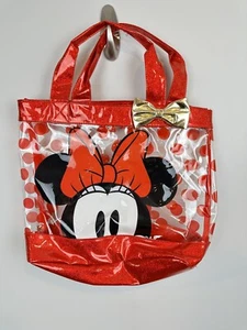 Disney Store Bag Minnie Mouse Sparkly Red Polka Dots Clear Tote Swim Travel DQ - Picture 1 of 11