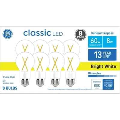8 PACK GE 60W Classic LED Dimmable Bright White 3500K Clear Glass Light Bulb A19 - Image 1 of 4