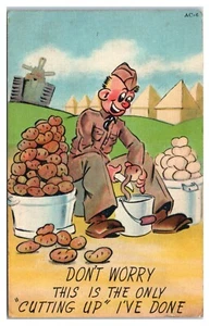 WWII Humor Cutting Up Potatoes Army Chef Humor Military Free Mail Postcard - Picture 1 of 2