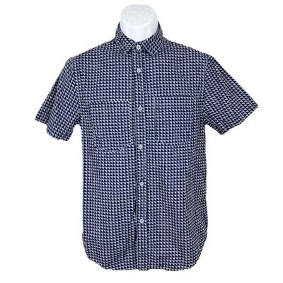 Split Button Down Shirt Men Small Blue Grey Geometric Print Short Sleeve Casual - Image 1 of 4