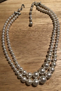 Japan Signed Vintage 1950's Faux Pearl White Double Strand Necklace  (88-10) - Picture 1 of 3