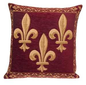 HIGH QUALITY 18" BELGIAN TAPESTRY CUSHION COVER RED GOLD, 3 FLEUR DE LYS, 919 - Picture 1 of 3