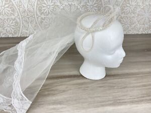 Vintage Girls First Communion Flower Girl Headpiece Tulle Veil Lace Sequin Pearl