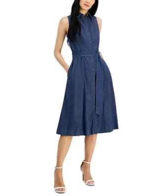 Anne Klein Womens 10 Sleeveless Denim Midi Shirtdress Dark Wash - NWT $119 - Image 1 of 4