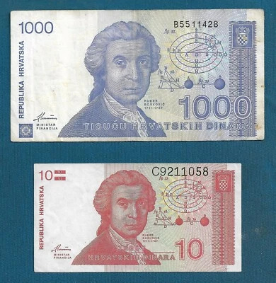 Croatia banknotes, 1000 Dinara 1991 + 10 Dinara 1991. Croatian Dinar HRD 2 PCS ! - Image 1 of 2