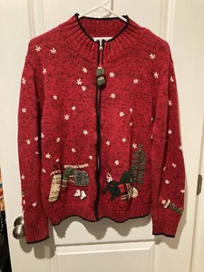 Coldwater Creek Christmas Sweater Cozy Cabin Knit Granny Core Large Full Zip - Picture 1 of 8