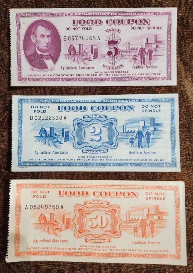 FOOD STAMP COUPON  3 COUPONS $2.00 $5.00 50c USDA AGRICULTURE scrip TOKEN - Image 1 of 4