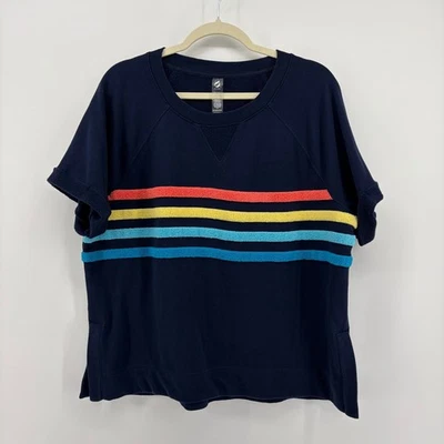 Sudadera Top Grande Lou & Gris Azul Marino Arco Iris Rayas Manga Corta Para Mujer Foto 1 de 4