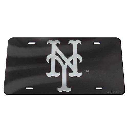 NEW YORK METS BLACK AND SILVER CRYSTAL MIRRORED CAR LICENSE PLATE MLB LICENSED - Image 1 of 1