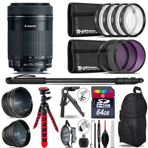 Canon 55-250mm IS STM - 3 Lens Kit + Tripod + Backpack - 64GB Accessory Bundle - Picture 1 of 10