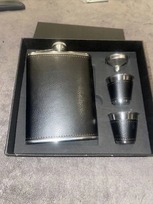 Stainless Steel Leather Wrapped Flask with Shot Cups & Funnel In Gift Box - Image 1 of 4