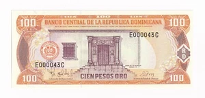 DOMINICAN REPUBLIC-100 PESOS ORO-1997-LOW SERIAL NUMBER 000043-PICK 156a , UNC . - Picture 1 of 2