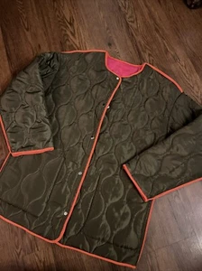 NEW NEVER FULLY DRESSED ARMY GREEN HOT PINK THIN PUFFER COAT JACKET L Reversible - Picture 1 of 24