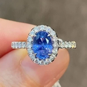 2.25 TCW Oval Natural Blue Sapphire & Moissnaite Engagement Ring 9ct White Gold - Picture 1 of 14