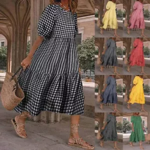 Women Short Sleeve Plaid Check Dresses Ladies Summer Holiday Beach Midi Dress US - Picture 1 of 28