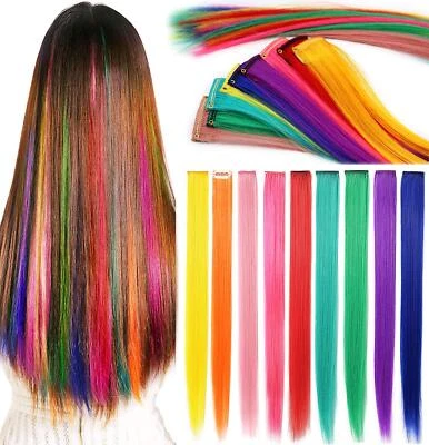 2x Clip In Long Hair Extensions Highlight Streaks Multi Colour Rainbow Festival - Image 1 of 4
