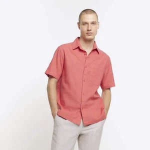 River Island Mens Shirt Coral Regular Fit Linen Blend Collar Short Sleeve Top - Picture 1 of 7