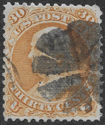 Filatelia MMK: Estampillas de Estados Unidos Scott #100 usadas 30c naranja Franklin parrilla F SCV $950 Foto 1 de 2