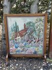 Vintage Tapestry Fire Screen. Country Cottage & Garden. Wooden Fire Guard. 1930s