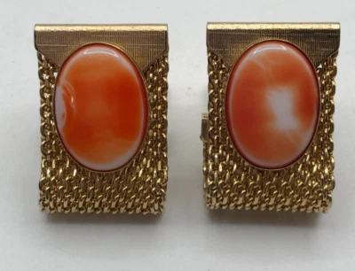 Gemelos retro vintage naranja y blanco Givre cabujón tono dorado MCM 1960 Foto 1 de 4