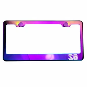 Polish Neo Neon Chrome License Plate Frame S6 Laser Etched Metal Screw Cap - Foto 1 di 8