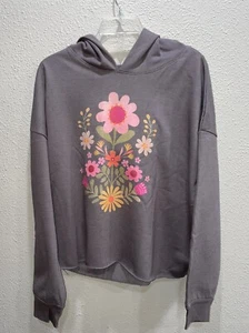 NWT Women's Natural Life Gray Floral Hoodie Crop Sweatshirt Pullover Size XL - Picture 1 of 9
