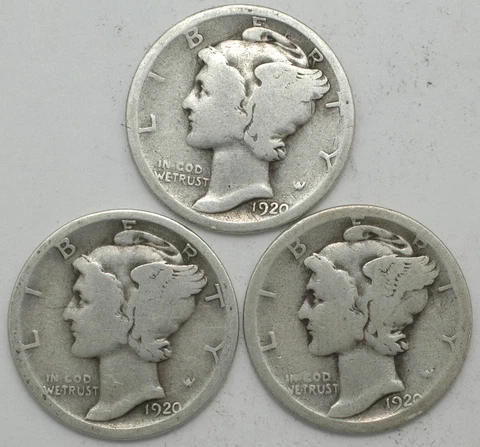 1920-P-D-S Winged Liberty Mercury Silver dime mint year set of 3 coins Cover