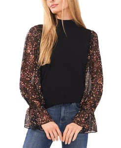 CeCe Women's Sheer Printed Long-Sleeve Mock Neck Top (Rich Black, Large) - Picture 1 of 3