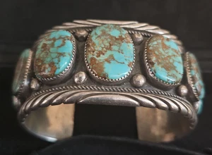 SPECTACULAR NAVAJO HEAVY STERLING SILVER TURQUOISE CUFF BRACELET 114.2 GRAMS!!! - Picture 1 of 13