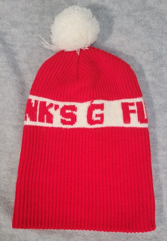 Boné de inverno vintage década de 1970 funk's G ski malha gorro meia chapéu vermelho/branco pompon - Imagem 1 de 4