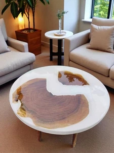 24" White Epoxy Resin Center Sofa Coffee Table Natural Wooden Live Edge Home Dec - Picture 1 of 8