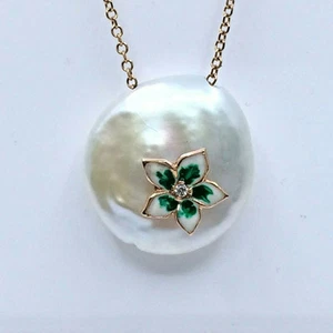 Women's 14k rose gold necklace | mother of pearl flower, enamel & white sapphire - Picture 1 of 7