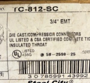 Steel City TC-812-SC, 3/4", fundido a presión, aislado, Comp, conector EMT (cantidad 17) nuevo - Imagen 1 de 3
