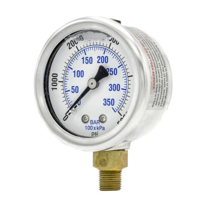 PRO-EDGE INDUSTRIAL PNEUMATICS AND CONTROLS Liquid Filled Lower Mount Pressure Gauge with 2" Dial, 0-5000 PSI, 1/8" Male NPT