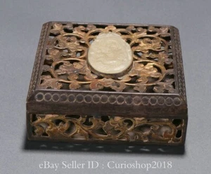 3.4" Old Chinese Dynasty Silver Gilt Inlaid Hetian Jade Phoenix Bird Square Box - Picture 1 of 9