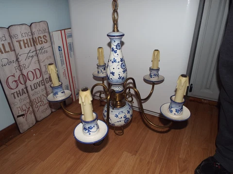 EXC 5 ARM DELFT Chandelier Blue White Ceramic VTG BRASS Cover