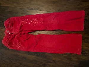 Faded Glory Girls Red Velvet look Pants Boot Cut Size 8 Embroidered Hearts - Picture 1 of 5