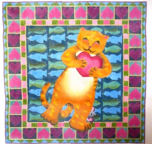 Adorable Vintage Needlepoint Hand Painted Happy Cat Pillow 10.25" x 10.50" - Picture 1 of 6
