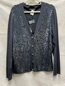 Cardigan St. John donna L grigio misto seta maglione paillettes nuovo con etichetta $695 - Foto 1 di 7