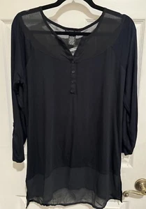 Women’s Black Long Sleeve Shirt, Large, See Through Areas With Roll Sleeves - Picture 1 of 8