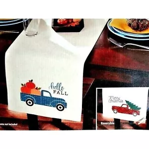 Holiday Harvest Table Runner Pumpkin Truck Christmas Tree Reversible Cotton NWT - Picture 1 of 2