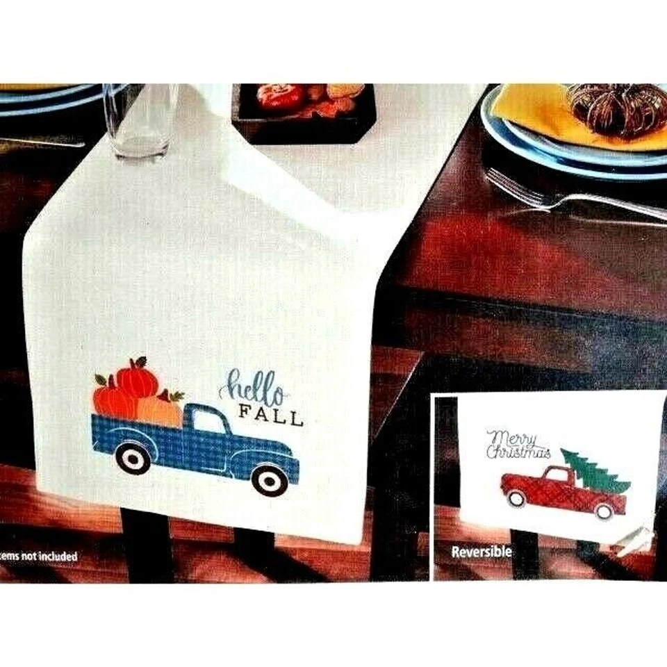 Hello Fall Table Runner Blue Truck Pumpkins Christmas Tree Reversible Cotton NWT - Image 1 of 2