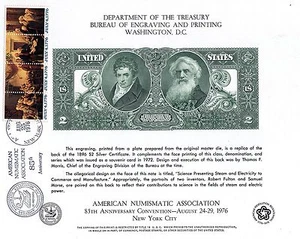 Souvenir Card ANA 1976 NYC 1896 $2 Silver Certificate BEP canceled Aug 25 1976 - Picture 1 of 2