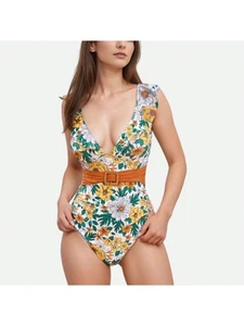 Women's Ruffle Trim One Piece Swimsuit With Deep V Neckline And Decorative Belt - Picture 1 of 29