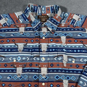 Ariat Shirt Mens XL Blue Brown Western Snap Front Southwest Aztec Steer Skull - Picture 1 of 11