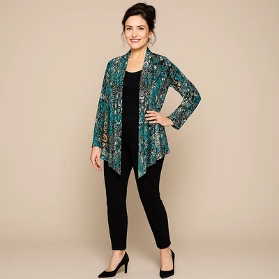 Chaqueta CHICO'S 0=S Teal Negra Crema Texturizada Drapeada Frontal Elastizada Encubrimiento Foto 1 de 4