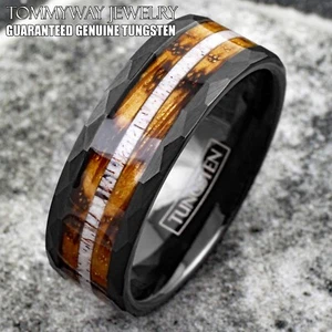 Black Tungsten Carbide Mens Ring Deer Antler Charred Whiskey Barrel Wedding Band - Picture 1 of 10