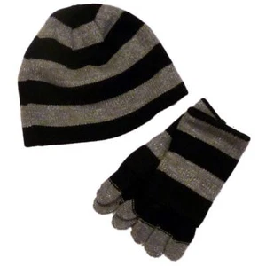 Faded Glory Girls Silver & Black Stripes Metallic Hat & Gloves Beanie Set - Picture 1 of 1